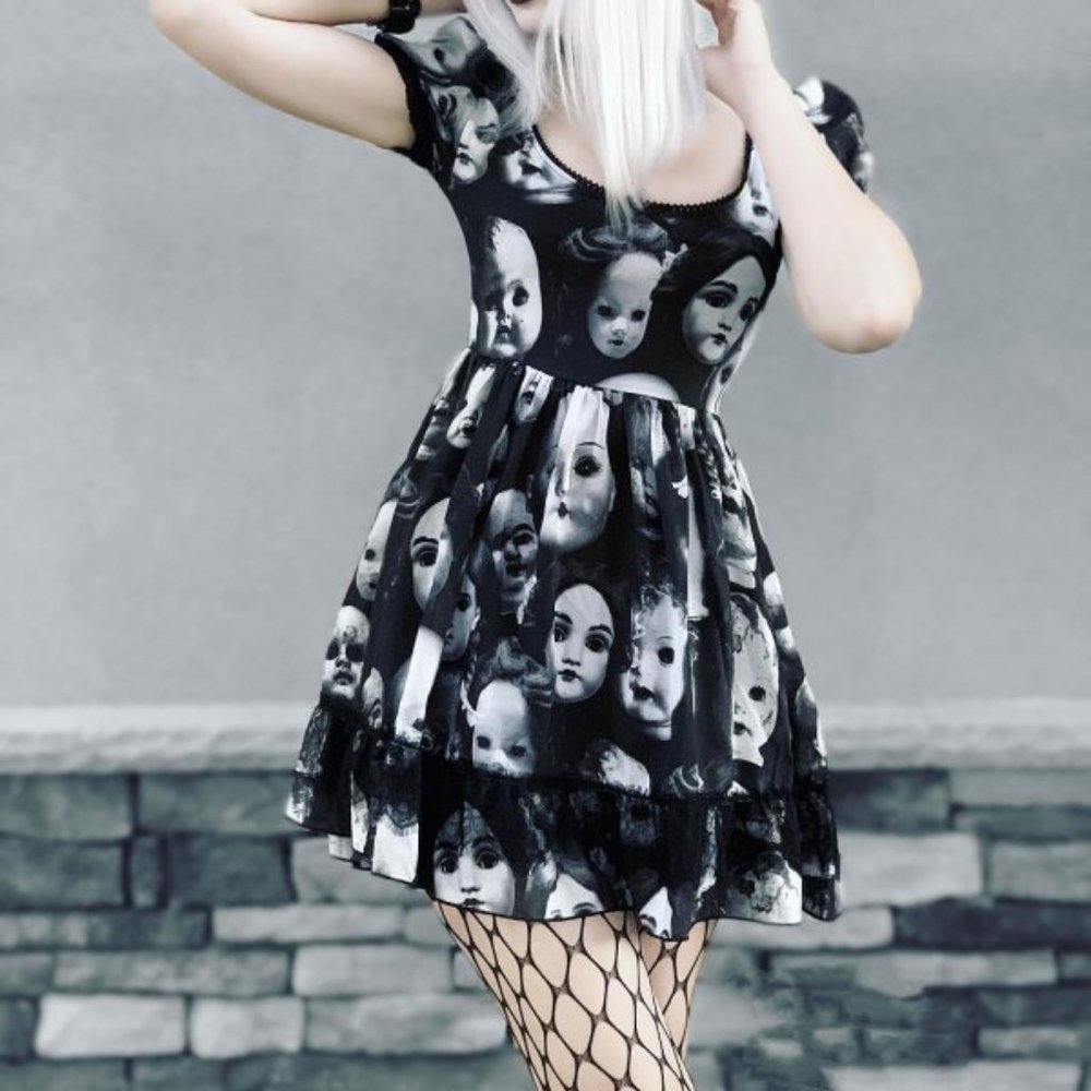 Goth lace-trimmed black print babydoll dress